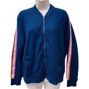 J. CREW Jacket Womens L Cotton Full Zip Terry Retro Striped Athletic Track Navy